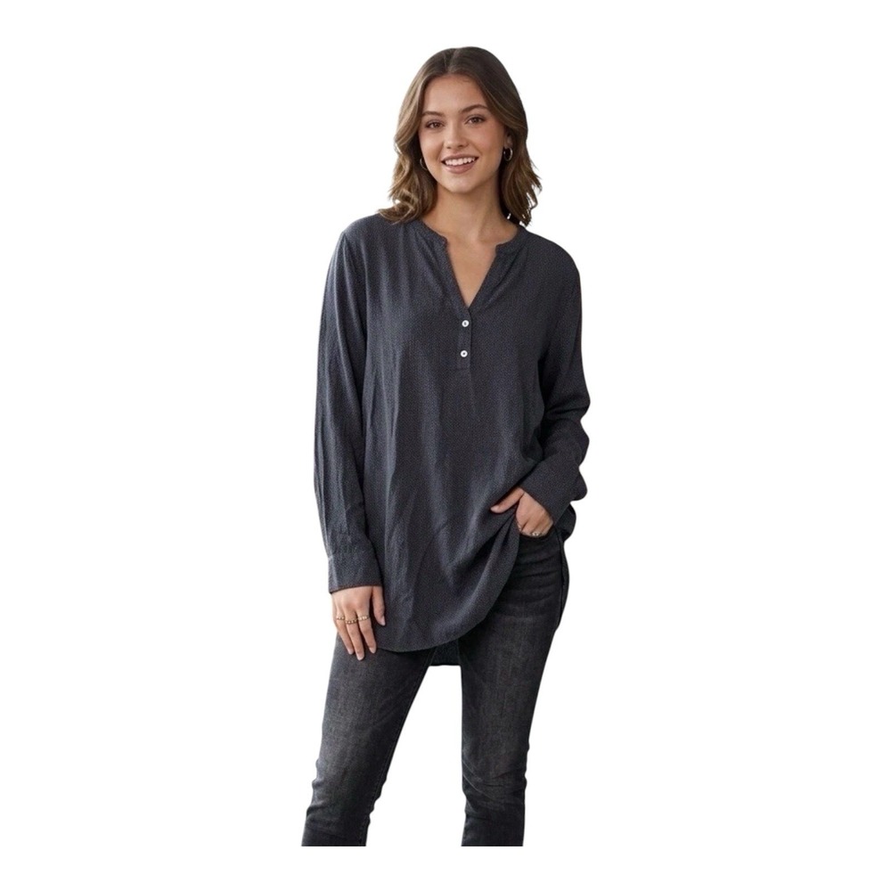 Pure J. Jill Size XL Navy Blue Textured Tunic Top Henley Neck Tencel Stretch